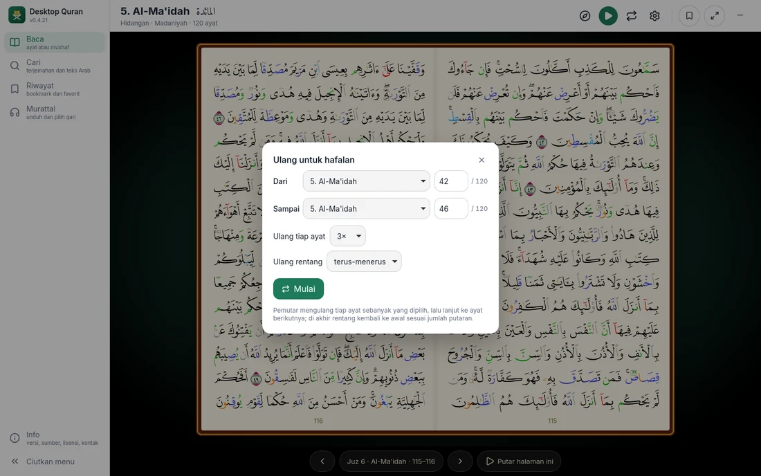 Tangkapan layar Desktop Qur'an: Hafalan