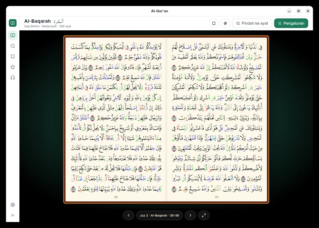 Tampilan buku dua halaman Mushaf Madinah bertajwid dalam Desktop Qur'an