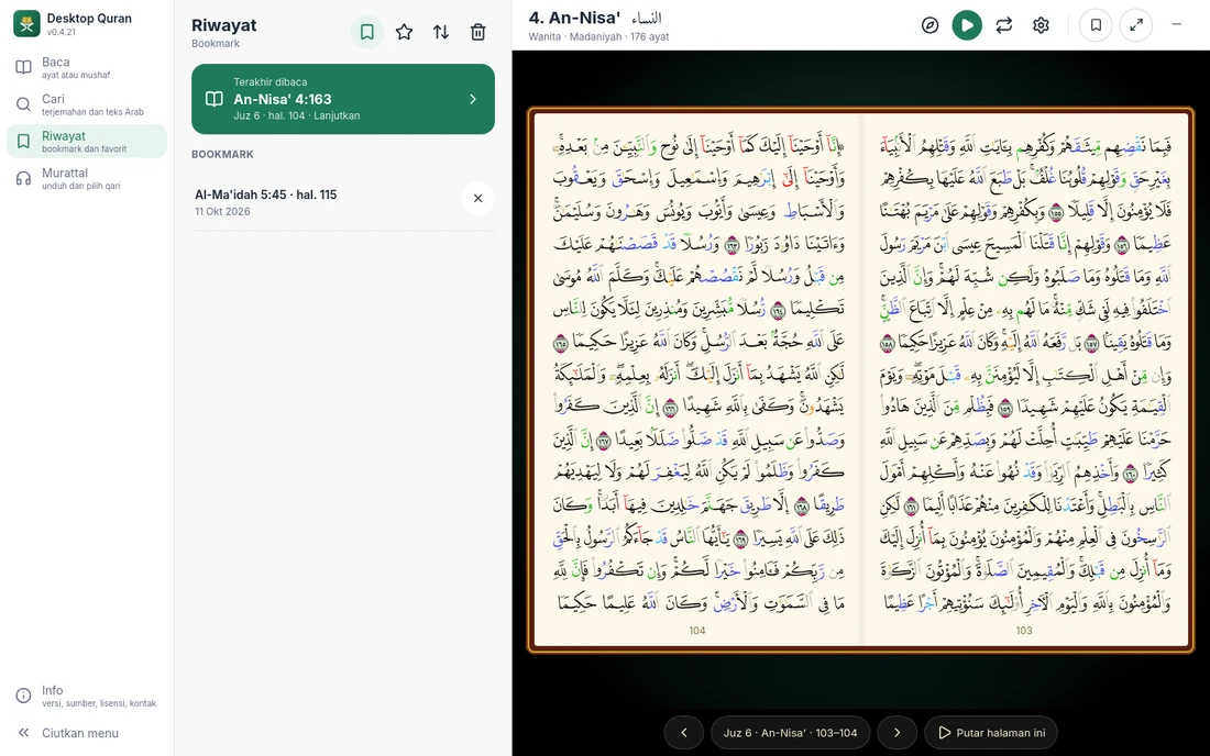 Tangkapan layar Desktop Qur'an: Riwayat