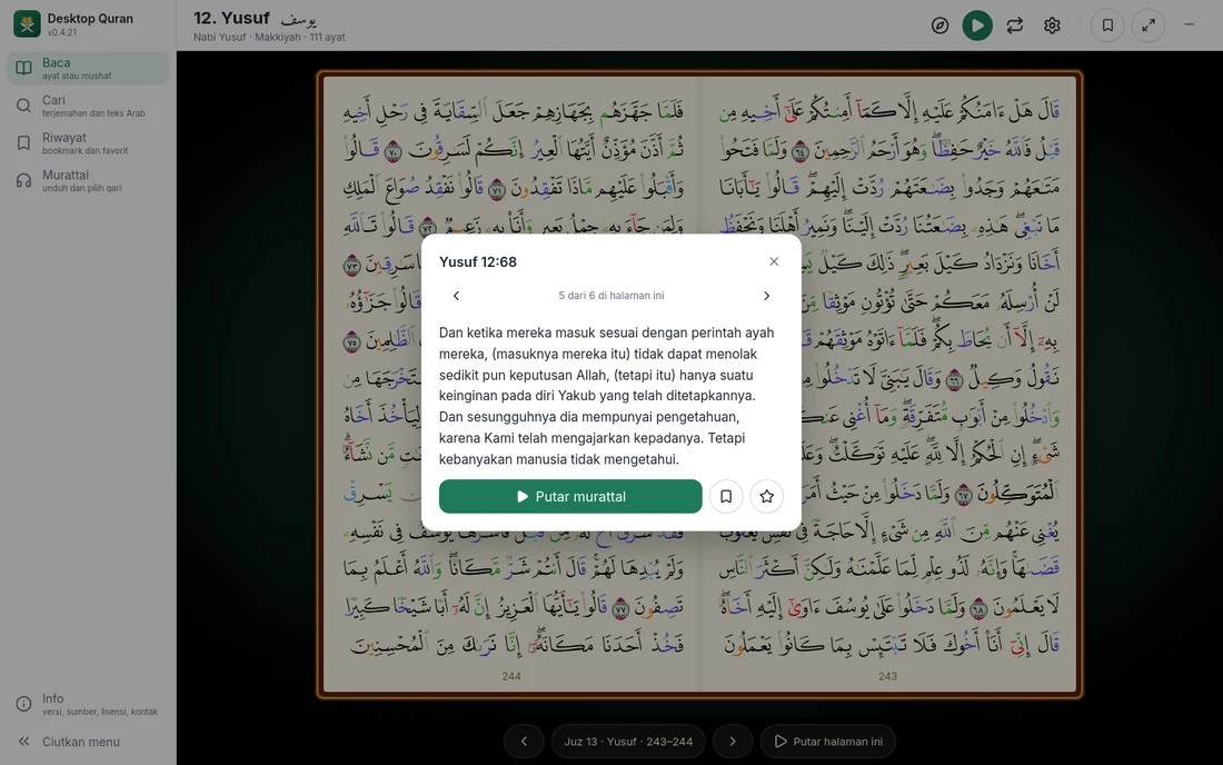 Lembar yang muncul setelah menekan lama sebuah ayat.
